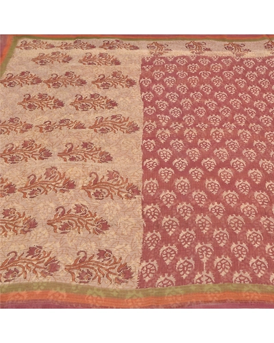 Sanskriti Vintage Brown Indian Sarees 100% Pure Silk Printed 5 Yard Sari Fabric, PS-59081-Brown &amp; Ivory-Printed Work-100% Pure Silk-4