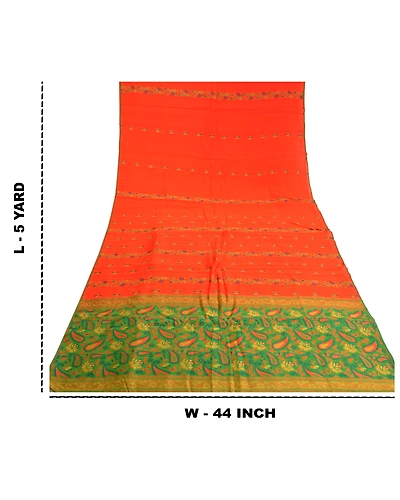 Sanskriti Vintage Orange Sarees 100% Pure Silk Hand-Woven Sari 5 Yard Fabric, PS-59113-Orange &amp; Green-Woven Work-100% Pure Silk-1