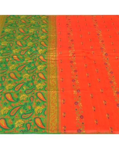 Sanskriti Vintage Orange Sarees 100% Pure Silk Hand-Woven Sari 5 Yard Fabric, PS-59113-Orange &amp; Green-Woven Work-100% Pure Silk-2