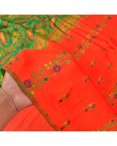 Sanskriti Vintage Orange Sarees 100% Pure Silk Hand-Woven Sari 5 Yard Fabric, PS-59113-Orange &amp; Green-Woven Work-100% Pure Silk-3