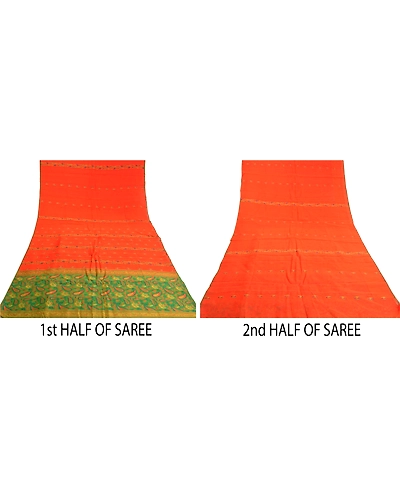 Sanskriti Vintage Orange Sarees 100% Pure Silk Hand-Woven Sari 5 Yard Fabric, PS-59113-Orange &amp; Green-Woven Work-100% Pure Silk-4