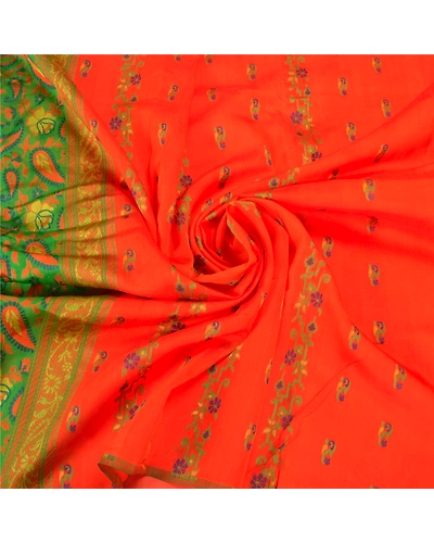 Sanskriti Vintage Orange Sarees 100% Pure Silk Hand-Woven Sari 5 Yard Fabric, PS-59113-Orange &amp; Green-Woven Work-100% Pure Silk-5