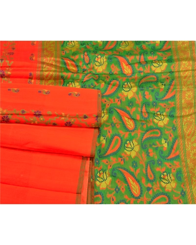 Sanskriti Vintage Orange Sarees 100% Pure Silk Hand-Woven Sari 5 Yard Fabric, PS-59113-Orange &amp; Green-Woven Work-100% Pure Silk-6