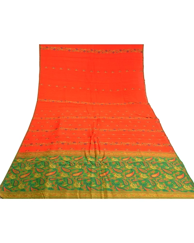 Sanskriti Vintage Orange Sarees 100% Pure Silk Hand-Woven Sari 5 Yard Fabric, PS-59113-Orange &amp; Green-Woven Work-100% Pure Silk-7