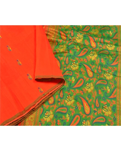 Sanskriti Vintage Orange Sarees 100% Pure Silk Hand-Woven Sari 5 Yard Fabric, PS-59113-Orange &amp; Green-Woven Work-100% Pure Silk-8