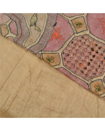 Sanskriti Vintage Pale Cream Sarees Pure Silk Hand Beaded Premium Sari Fabric, PS-59121-Shade Of Pale Cream-Beaded Work-100% Pure Silk-2
