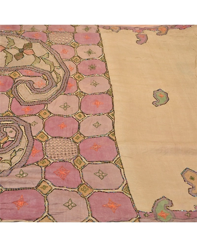 Sanskriti Vintage Pale Cream Sarees Pure Silk Hand Beaded Premium Sari Fabric, PS-59121-Shade Of Pale Cream-Beaded Work-100% Pure Silk-3