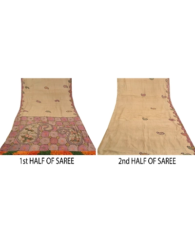 Sanskriti Vintage Pale Cream Sarees Pure Silk Hand Beaded Premium Sari Fabric, PS-59121-Shade Of Pale Cream-Beaded Work-100% Pure Silk-5
