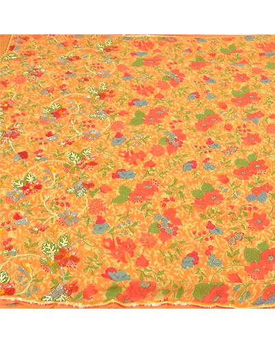 Sanskriti Vintage Sarees Pure Georgette Silk Hand Beaded Premium Sari Fabric, PS-59127-Saffron-Sequins Work-100% Pure Georgette Silk-3