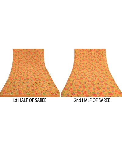 Sanskriti Vintage Sarees Pure Georgette Silk Hand Beaded Premium Sari Fabric, PS-59127-Saffron-Sequins Work-100% Pure Georgette Silk-4