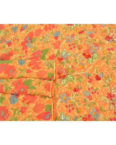 Sanskriti Vintage Sarees Pure Georgette Silk Hand Beaded Premium Sari Fabric, PS-59127-Saffron-Sequins Work-100% Pure Georgette Silk-6
