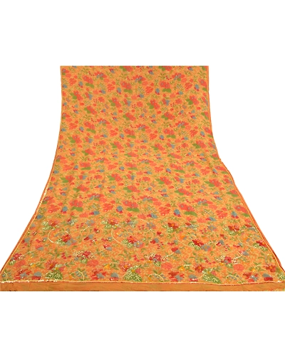 Sanskriti Vintage Sarees Pure Georgette Silk Hand Beaded Premium Sari Fabric, PS-59127-Saffron-Sequins Work-100% Pure Georgette Silk-7