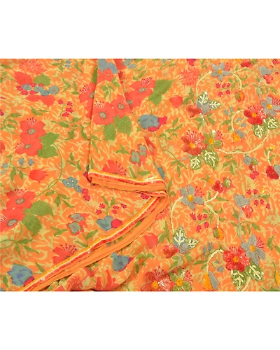 Sanskriti Vintage Sarees Pure Georgette Silk Hand Beaded Premium Sari Fabric, PS-59127-Saffron-Sequins Work-100% Pure Georgette Silk-8