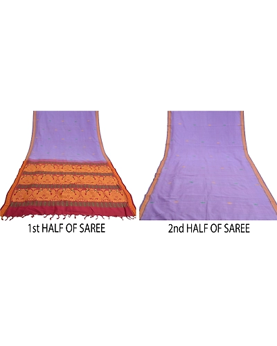 Sanskriti Vintage Lavender Sarees Blend Silk Hand-Woven Premium Sari Fabric, PS-59156-Shade Of Lavender &amp; Dark Red-Woven Work-Blend Silk-6