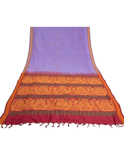 Sanskriti Vintage Lavender Sarees Blend Silk Hand-Woven Premium Sari Fabric, PS-59156-Shade Of Lavender &amp; Dark Red-Woven Work-Blend Silk-9