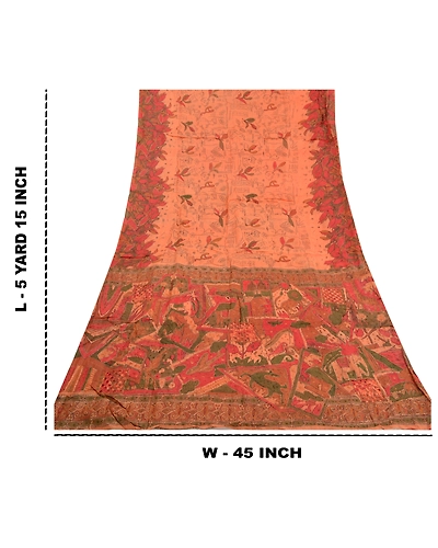 Sanskriti Vintage Peach Indian Sarees Pure Silk Hand Beaded Sari Craft Fabric, PS-59158-Shade Of Peach-Zari Work-100% Pure Silk-1