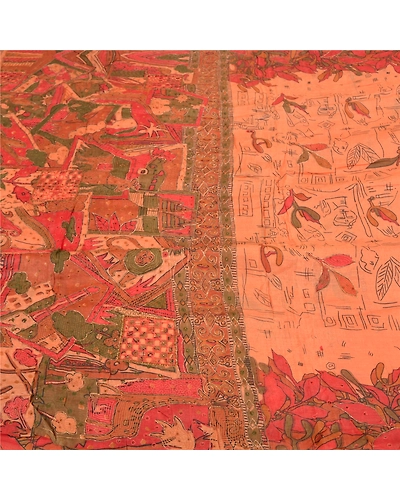Sanskriti Vintage Peach Indian Sarees Pure Silk Hand Beaded Sari Craft Fabric, PS-59158-Shade Of Peach-Zari Work-100% Pure Silk-3