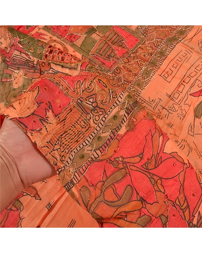 Sanskriti Vintage Peach Indian Sarees Pure Silk Hand Beaded Sari Craft Fabric, PS-59158-Shade Of Peach-Zari Work-100% Pure Silk-4