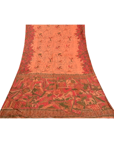 Sanskriti Vintage Peach Indian Sarees Pure Silk Hand Beaded Sari Craft Fabric, PS-59158-Shade Of Peach-Zari Work-100% Pure Silk-8