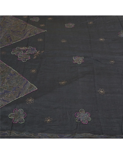 Sanskriti Vintage Black Sarees 100% Pure Silk Hand Beaded Sari Craft Fabric, PS-59159-Black-Beaded Work-100% Pure Silk-3