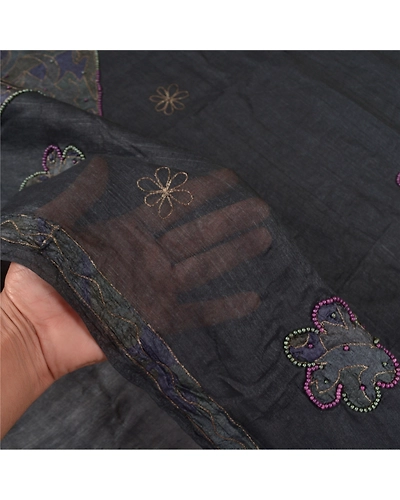 Sanskriti Vintage Black Sarees 100% Pure Silk Hand Beaded Sari Craft Fabric, PS-59159-Black-Beaded Work-100% Pure Silk-4