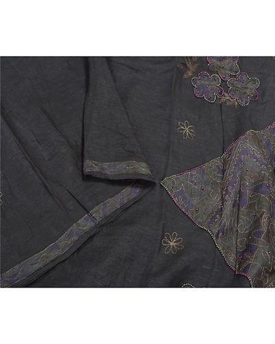 Sanskriti Vintage Black Sarees 100% Pure Silk Hand Beaded Sari Craft Fabric, PS-59159-Black-Beaded Work-100% Pure Silk-9