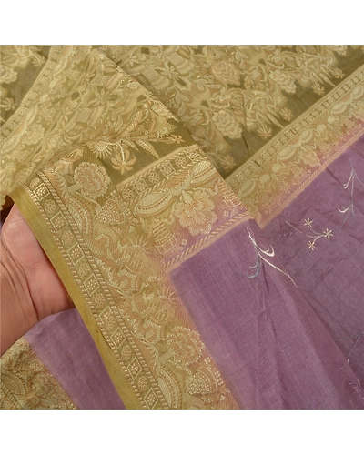 Sanskriti Vintage Green Sarees Pure Silk Embroidered Woven Sari Craft Fabric, PS-59197-Purple &amp; Green-Woven Work-100% Pure Silk-5