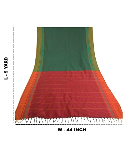 Sanskriti Vintage Green Sarees Blend Cotton Woven Chettinad Sari 5 Yard Fabric, PS-59265-Dark Red &amp; Green-Woven Work-Blend Cotton-1