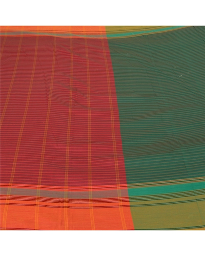 Sanskriti Vintage Green Sarees Blend Cotton Woven Chettinad Sari 5 Yard Fabric, PS-59265-Dark Red &amp; Green-Woven Work-Blend Cotton-3