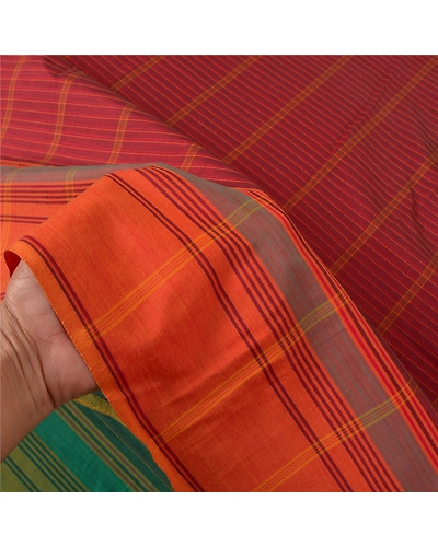 Sanskriti Vintage Green Sarees Blend Cotton Woven Chettinad Sari 5 Yard Fabric, PS-59265-Dark Red &amp; Green-Woven Work-Blend Cotton-4