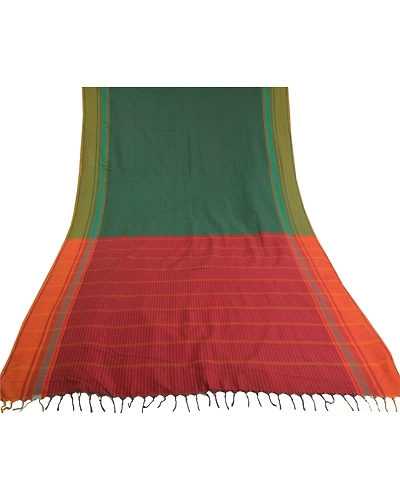 Sanskriti Vintage Green Sarees Blend Cotton Woven Chettinad Sari 5 Yard Fabric, PS-59265-Dark Red &amp; Green-Woven Work-Blend Cotton-8