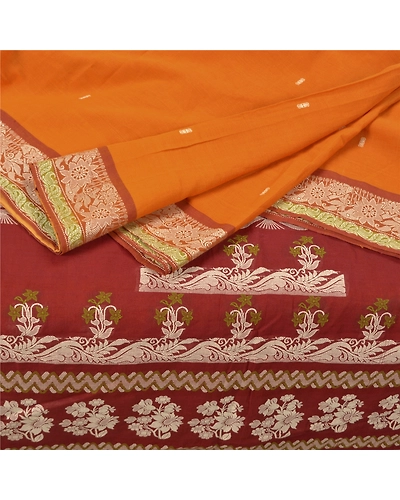 Sanskriti Vintage Saffron Sarees 100% Pure Cotton Woven Premium Sari Fabric, PS-59351-Saffron &amp; Dark Red-Woven Work-100% Pure Cotton-2