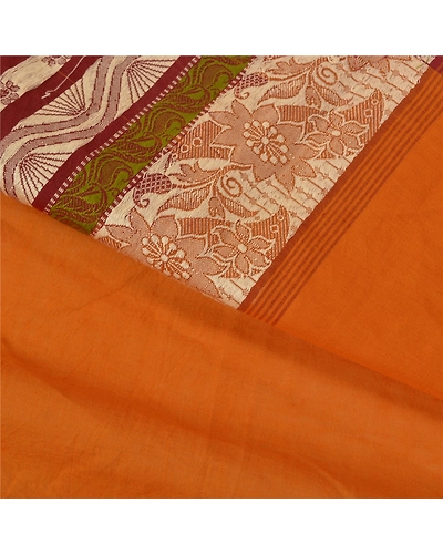 Sanskriti Vintage Saffron Sarees 100% Pure Cotton Woven Premium Sari Fabric, PS-59351-Saffron &amp; Dark Red-Woven Work-100% Pure Cotton-3