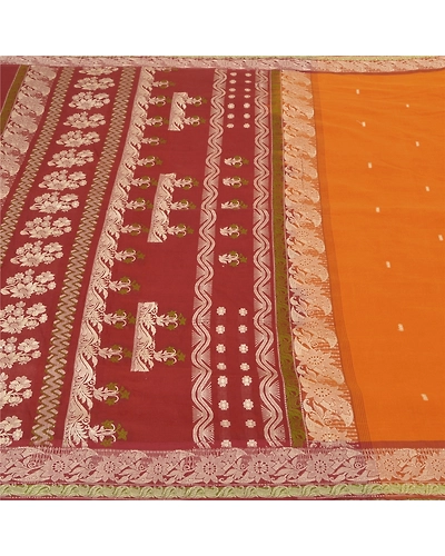 Sanskriti Vintage Saffron Sarees 100% Pure Cotton Woven Premium Sari Fabric, PS-59351-Saffron &amp; Dark Red-Woven Work-100% Pure Cotton-4