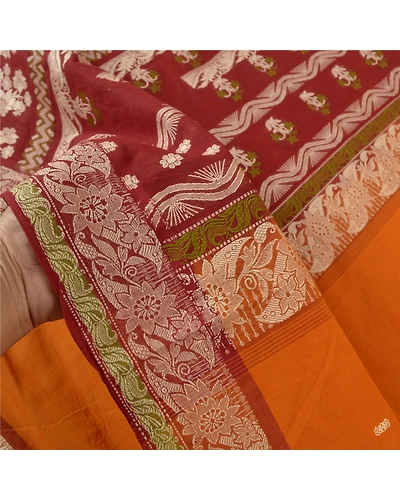 Sanskriti Vintage Saffron Sarees 100% Pure Cotton Woven Premium Sari Fabric, PS-59351-Saffron &amp; Dark Red-Woven Work-100% Pure Cotton-5