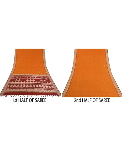 Sanskriti Vintage Saffron Sarees 100% Pure Cotton Woven Premium Sari Fabric, PS-59351-Saffron &amp; Dark Red-Woven Work-100% Pure Cotton-6