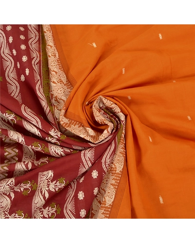 Sanskriti Vintage Saffron Sarees 100% Pure Cotton Woven Premium Sari Fabric, PS-59351-Saffron &amp; Dark Red-Woven Work-100% Pure Cotton-7