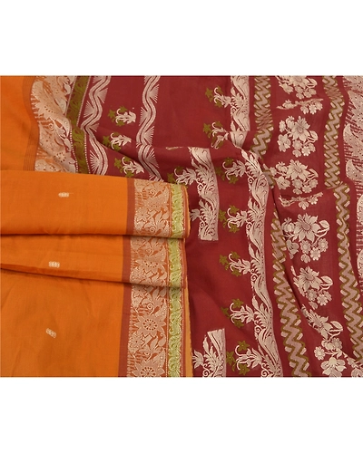 Sanskriti Vintage Saffron Sarees 100% Pure Cotton Woven Premium Sari Fabric, PS-59351-Saffron &amp; Dark Red-Woven Work-100% Pure Cotton-8