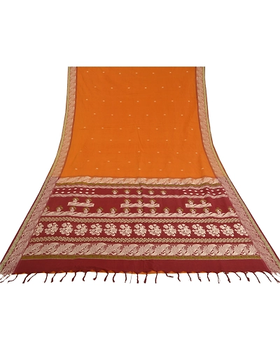 Sanskriti Vintage Saffron Sarees 100% Pure Cotton Woven Premium Sari Fabric, PS-59351-Saffron &amp; Dark Red-Woven Work-100% Pure Cotton-9