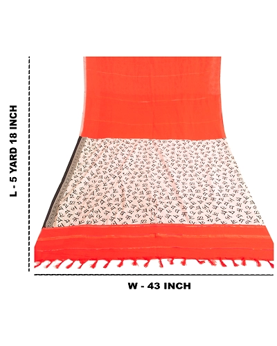 Sanskriti Vintage Orange Indian Sarees Blend Cotton Sari Premium 5 Yard Fabric, PS-59479-Orange &amp; Ivory-Printed Work-Blend Cotton-1