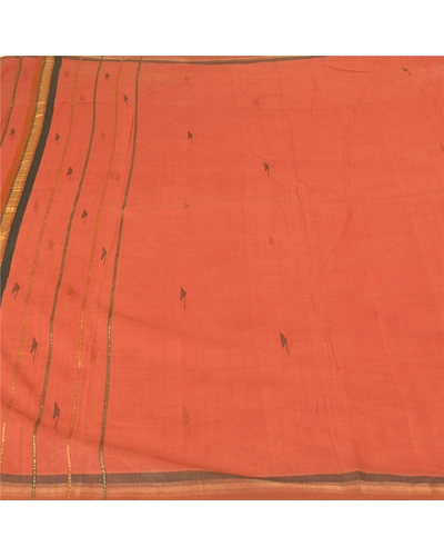 Sanskriti Vintage Rusty Orange Sarees 100% Pure Cotton Hand-Woven Sari Fabric, PS-59490-Rusty Orange-Woven Work-100% Pure Cotton-3