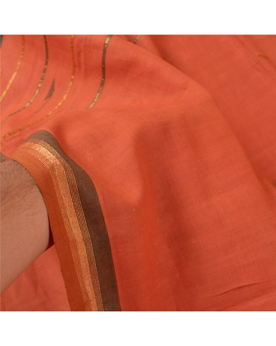 Sanskriti Vintage Rusty Orange Sarees 100% Pure Cotton Hand-Woven Sari Fabric, PS-59490-Rusty Orange-Woven Work-100% Pure Cotton-4