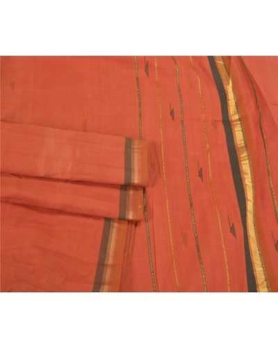 Sanskriti Vintage Rusty Orange Sarees 100% Pure Cotton Hand-Woven Sari Fabric, PS-59490-Rusty Orange-Woven Work-100% Pure Cotton-7