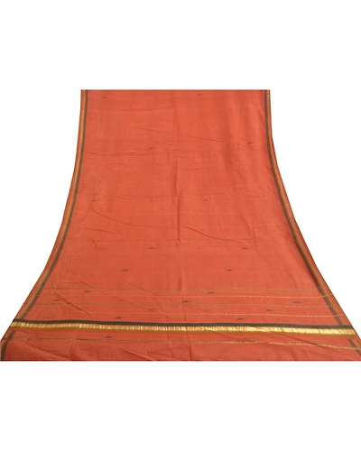 Sanskriti Vintage Rusty Orange Sarees 100% Pure Cotton Hand-Woven Sari Fabric, PS-59490-Rusty Orange-Woven Work-100% Pure Cotton-8