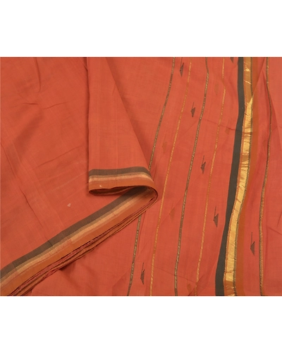 Sanskriti Vintage Rusty Orange Sarees 100% Pure Cotton Hand-Woven Sari Fabric, PS-59490-Rusty Orange-Woven Work-100% Pure Cotton-9