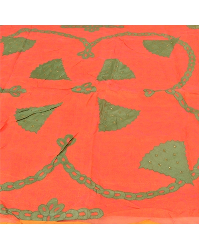Sanskriti Vintage Orange Sarees Pure Silk Hand Beaded Applique Work Sari Fabric, PS-59494-Orange-Applique Work-100% Pure Silk-3