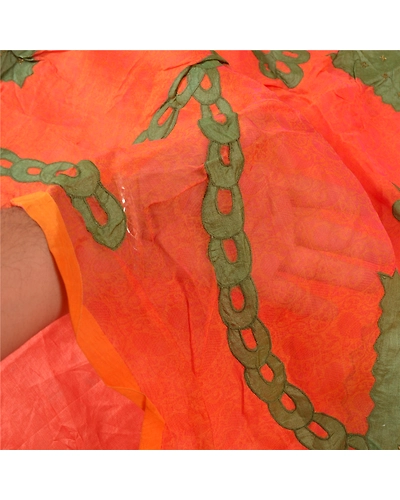 Sanskriti Vintage Orange Sarees Pure Silk Hand Beaded Applique Work Sari Fabric, PS-59494-Orange-Applique Work-100% Pure Silk-4