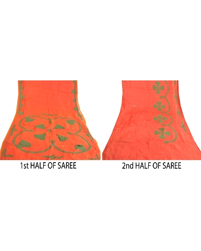 Sanskriti Vintage Orange Sarees Pure Silk Hand Beaded Applique Work Sari Fabric, PS-59494-Orange-Applique Work-100% Pure Silk-5