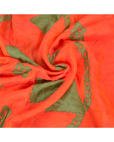 Sanskriti Vintage Orange Sarees Pure Silk Hand Beaded Applique Work Sari Fabric, PS-59494-Orange-Applique Work-100% Pure Silk-6