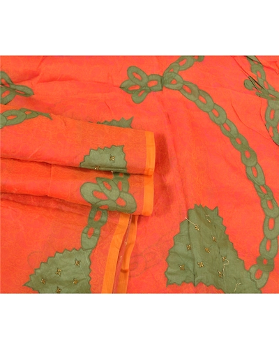 Sanskriti Vintage Orange Sarees Pure Silk Hand Beaded Applique Work Sari Fabric, PS-59494-Orange-Applique Work-100% Pure Silk-7